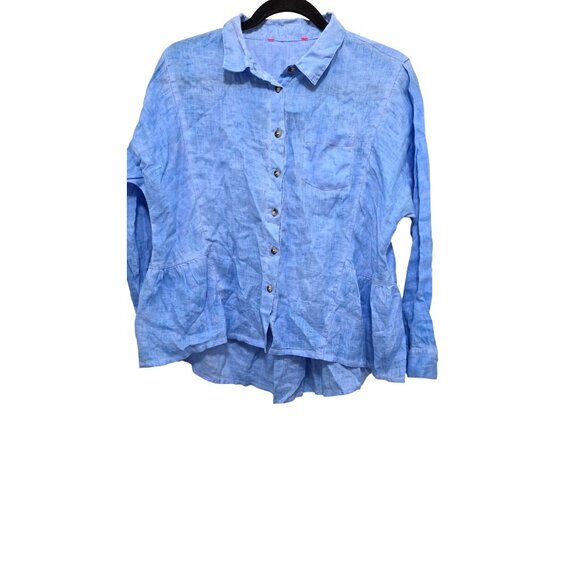 Light Blue Button-Up Long Sleeve Hi -Lo Women's Linen Shirt Size S - Picture 1 of 6